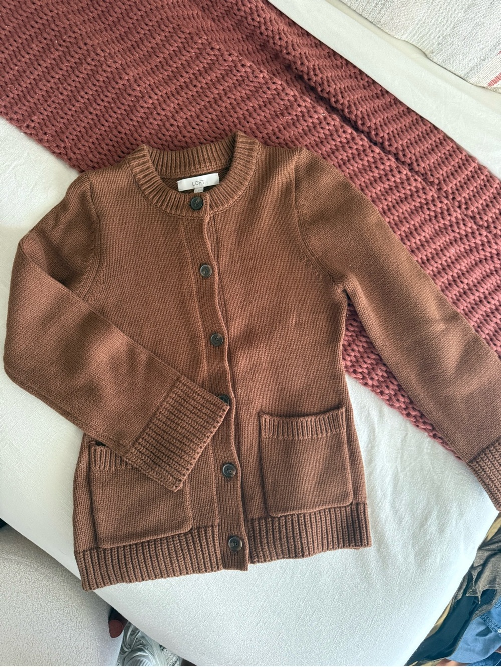 LOFT Camel Brown Ribbed Knit Cardigan